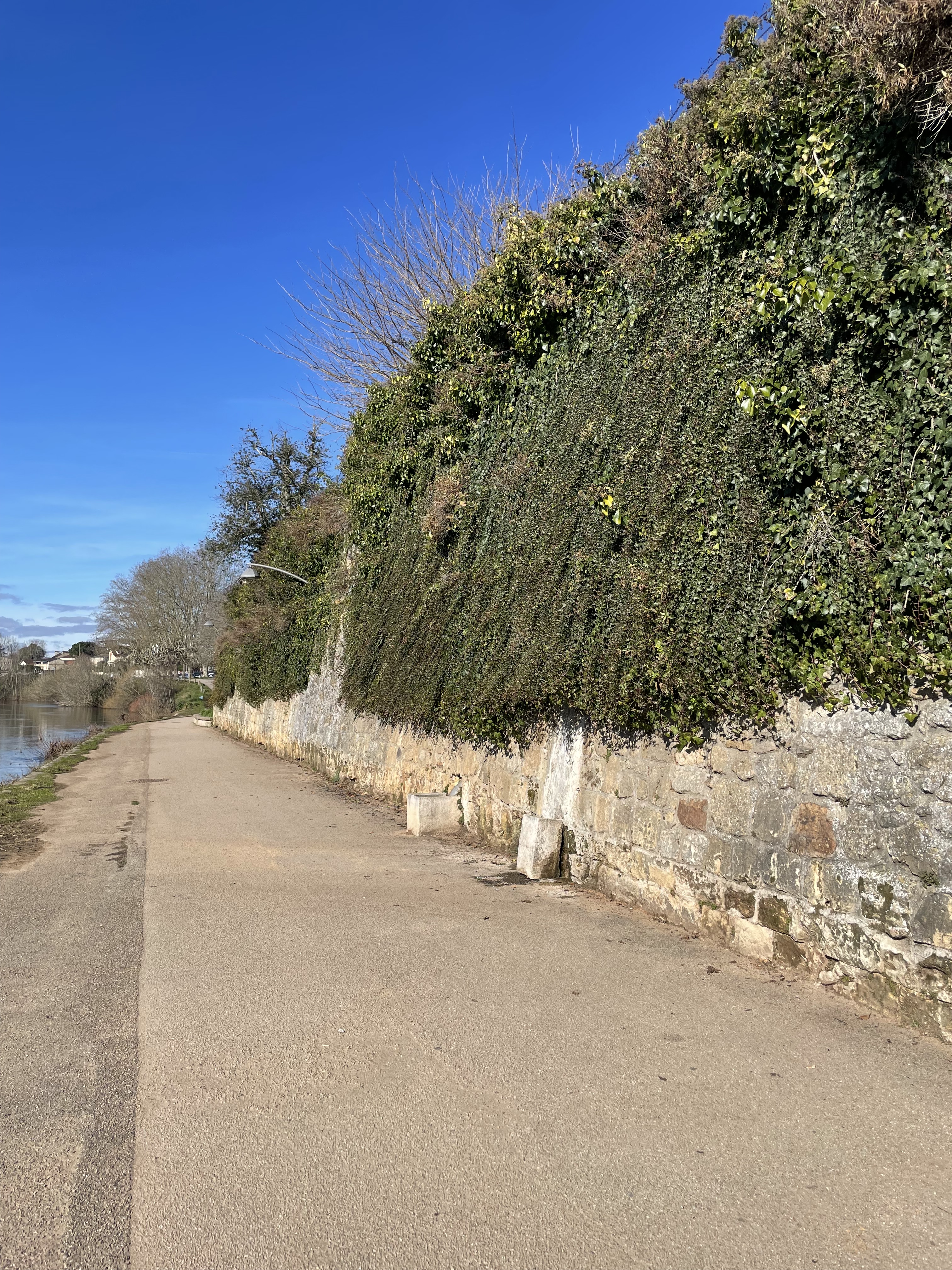 On the right of the photo, green ivy covers the old sandstone wall of the city, with the wide paved path below, stretching into the distance alongside the bank of the Dordogne River. Blue sky is above, reflected in the water below.